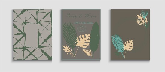 Abstract Asian Vector Cards Set. Tie-Dye, Tropical Leaves Covers. 