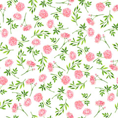 Seamless pattern with pink rose flowers and green leaves on white background. Hand drawn watercolor illustration.