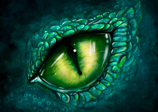 digital illustration yellow eye of green snake 