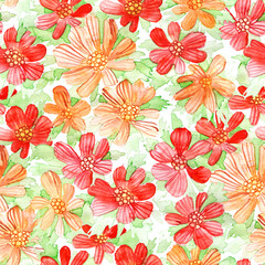 Watercolor wild flowers seamless pattern. Hand painted raster texture.