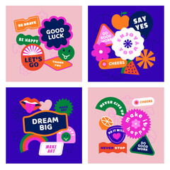 Vector set of design elements, patches and stickers with inspirational phrases - abstract elements for branding, packaging, prints and social media posts - obrazy, fototapety, plakaty
