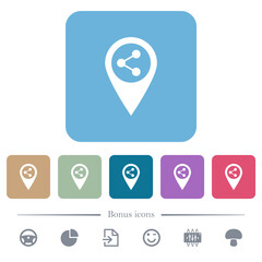Share GPS map location flat icons on color rounded square backgrounds