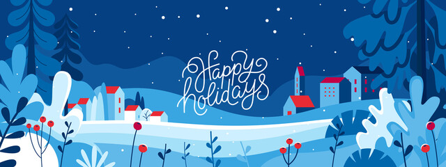 Vector illustration in trendy flat simple style - Merry  Christmas and Happy New Year greeting card and banner - winter landscape