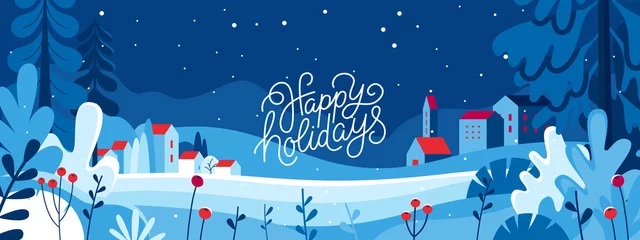 Photo sur Aluminium Blue nuit Illustration vectorielle dans un style plat simple et tendance - Joyeux Noël et bonne année carte de voeux et bannière - paysage d& 39 hiver
