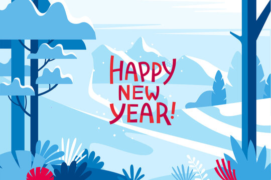 Vector illustration in trendy flat simple style - Merry  Christmas and Happy New Year greeting card and banner - winter landscape