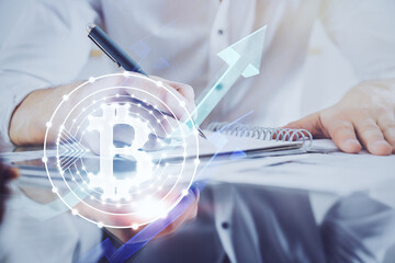 Businessman with hands background. Crypto currency concept.