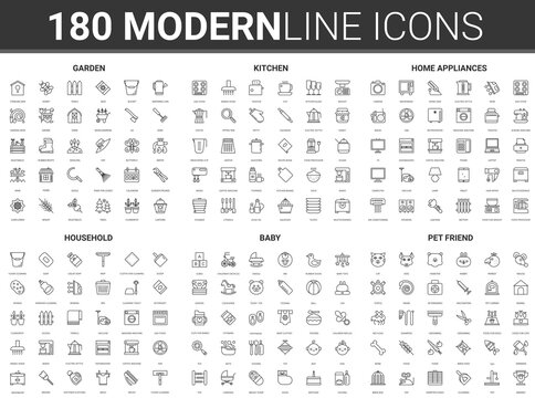 House item vector illustration. Flat thin line household modern icon set of home appliance for kitchen housework, kitchenware, furniture tools for garden work and baby toys, pet accessories symbols