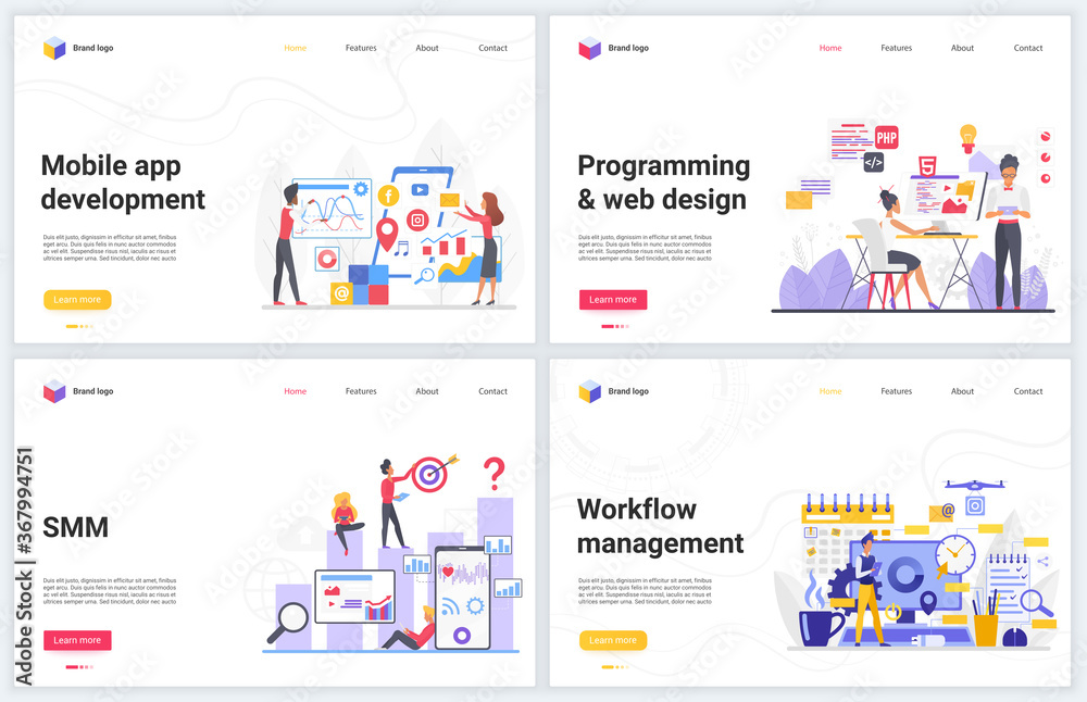 Poster Mobile app development, smm seo technology vector illustrations. Cartoon flat developer design template set, creative website interface with workflow management, programming, developing applications