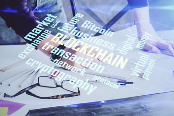 Businessman with hands background. Crypto currency concept.
