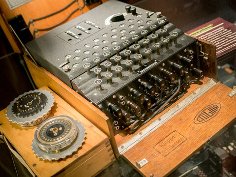 Bletchley, England - June 21, 2015: Enigma Machine, Used to decode enemy messages during WWII, Bletchley Park, Milton Keynes, Britain
