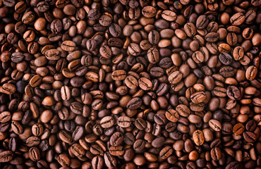 many coffee beans. focused background