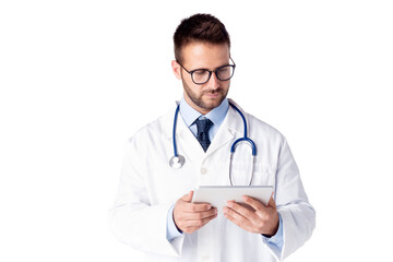 Studio shot of male doctor standing at isolated white background holding digital tablet in his hand