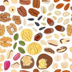 Seamless pattern of nuts and seeds. Kitchen, cooking print.