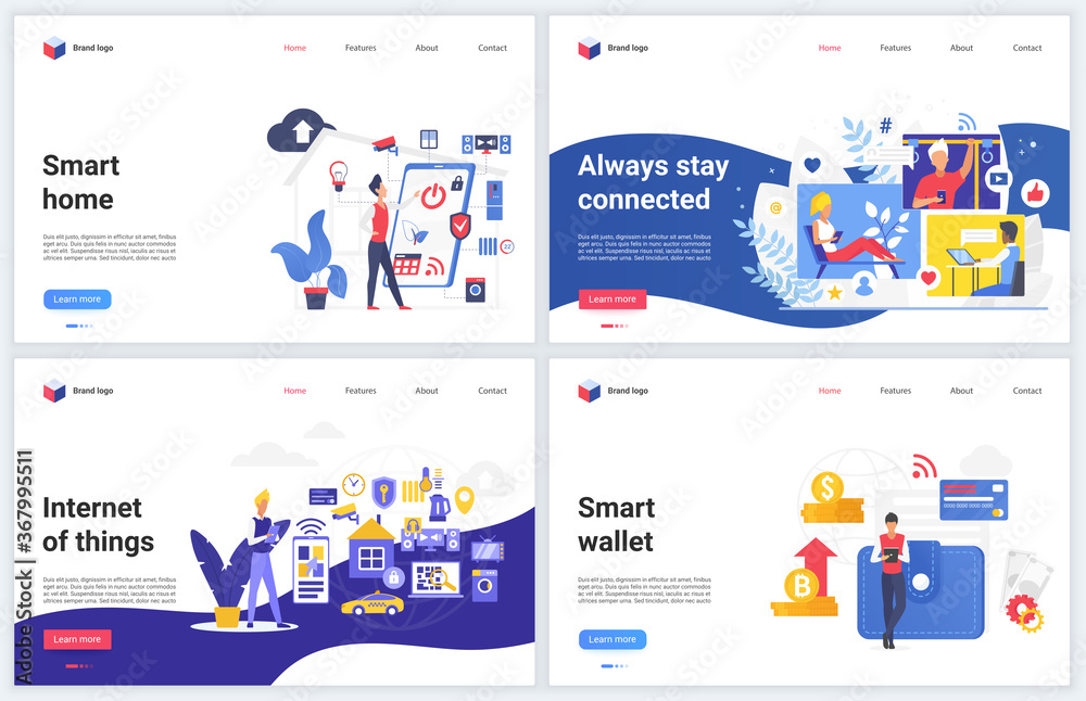 Poster smart home iot future technology vector illustrations. cartoon flat futuristic website interface des