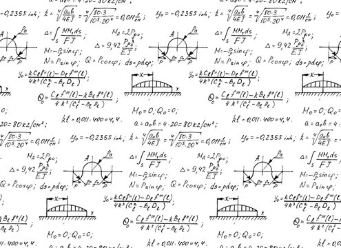 Physics seamless pattern with the equations, figures, schemes, formulas and other calculations on whiteboard. Vintage scientific and educational handwritten vector background.