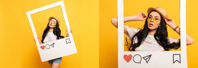 collage of brunette girl in summer outfit posing pouting lips in social network frame on yellow background, panoramic shot