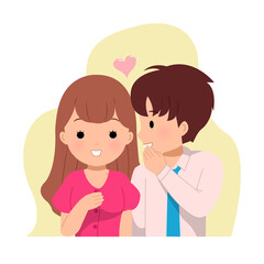 Office man whisper to a woman. Lovey dovey dating couple. Sharing happy news. Telling a secret. Flat vector isolated on white background