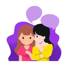 Office worker ladies gossiping. A woman telling a bad news or rumor to her friend. Surprising story. Flat vector isolated on white background.