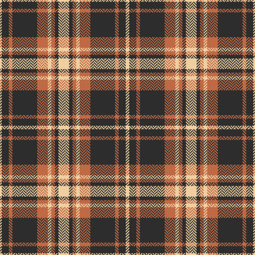 Orange Brown Plaid Pattern. Herringbone Textured Seamless Dark Scottish Tartan Check Plaid For Flannel Shirt, Skirt, Or Other Modern Autumn Winter Textile Print.