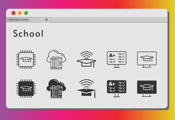 school icon set. included cloud, chip, cap, test, student-desktop icons on white background. linear, filled styles.
