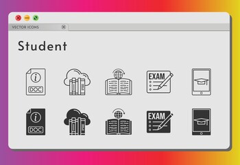 student icon set. included cloud, exam, student-tablet, doc, learning icons on white background. linear, filled styles.