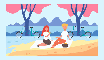 People go cycling. Bike tourism baners. Cycle sport and Mountain bike races. Bicycle riding adventure vector cartoon illustration.