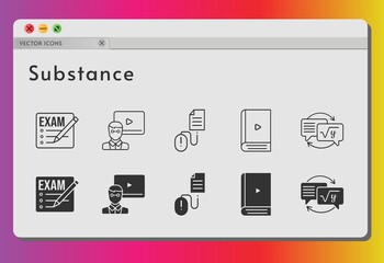 substance icon set. included exam, teacher, ebook, homework, click icons on white background. linear, filled styles.