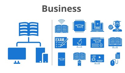 business set. included exam, student-smartphone, chip, ebook, instructor, school, learn, student, book, login, click, microscope icons. filled styles.