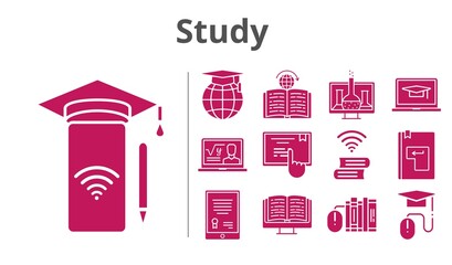 study set. included chemistry, smartphone, book, learning, touchscreen, tablet, professor, ebook, books, student-laptop, school, elearning, enter icons. filled styles.