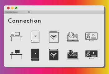 connection icon set. included audiobook, desktop, ebook, instructor, training icons on white background. linear, filled styles.