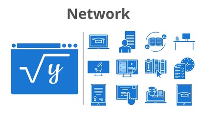 network set. included study, test, maths, book, touchscreen, training, microscope, feedback, tablet, student-laptop, desktop, ebook, student-tablet icons. filled styles.
