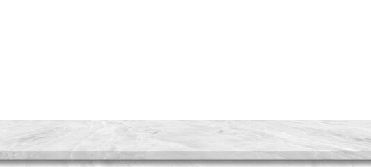 Perspective white marble  shelf table isolated on white background for montage product display or design key visual layout,with clipping path.