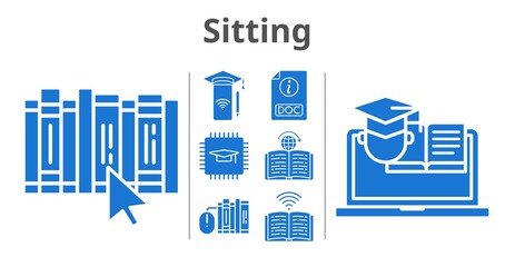 sitting set. included chip, smartphone, books, book, doc, learning, training icons. filled styles.