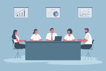 Business people during the meeting. Office workers are sitting at the table in the office. There are also diagrams on the wall. Conference hall. Funky flat style. Vector illustration