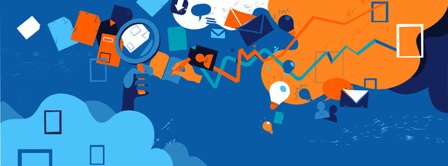 Lo sfondo azzurro con icone per comunicazione, business