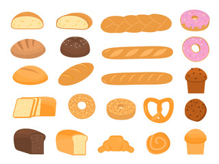Set of cartoon baking pastry products for bakery menu, recipe book. Baguette, rye bread, whole wheat loaf, bagel, croissant, sourdough, ciabatta, doughnut, cupcake, maffin, cookie. Vector illustration