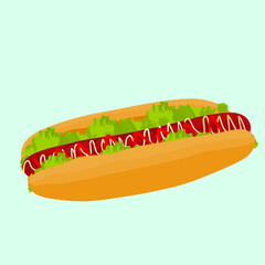 Vector illustration of hot dogs cooking with ketchup and mustard with salad.