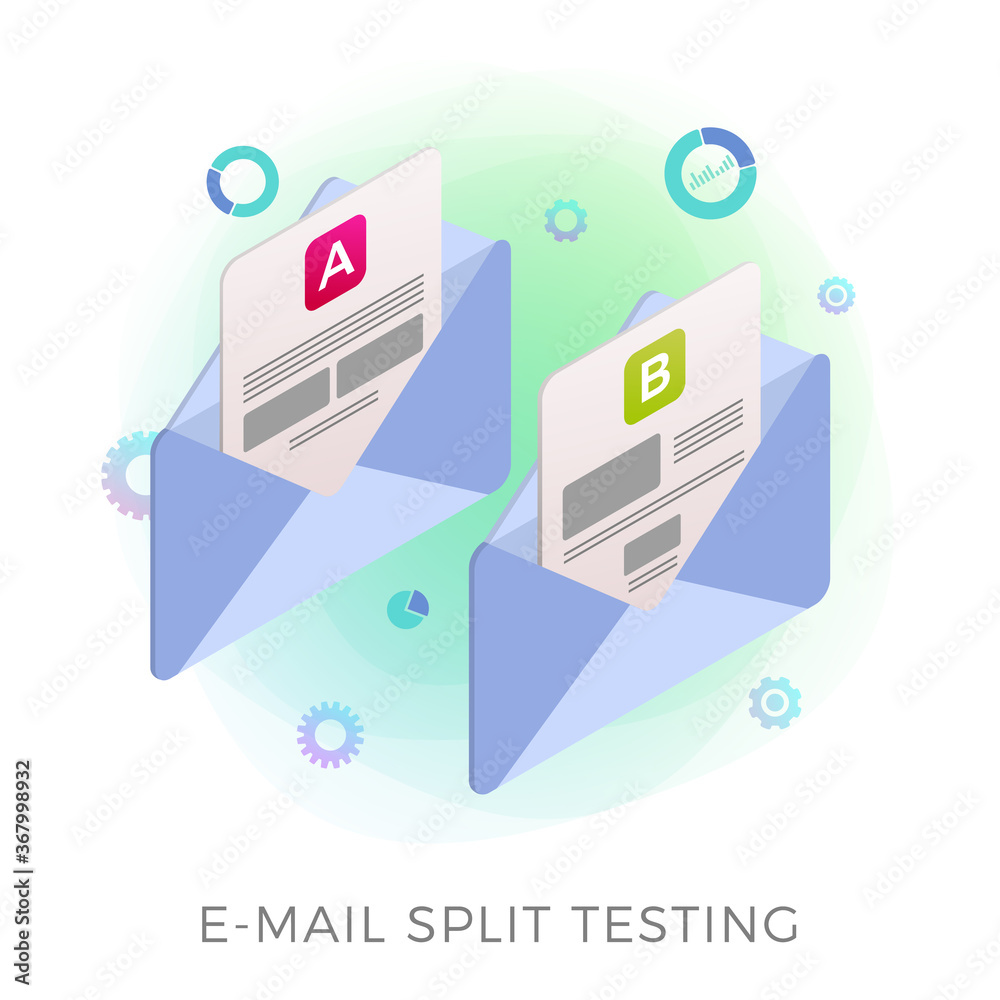 Poster email split test flat isometric vector icon concept. two promotional mails with a different web deve