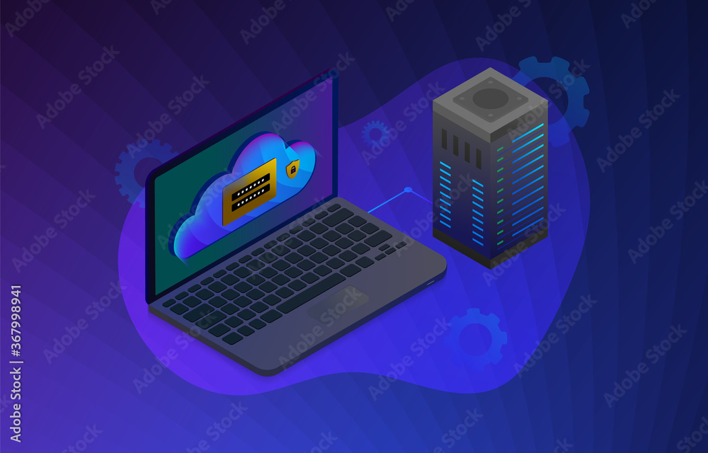 Poster cloud web hosting - private and security web storage data center icon. online cloud computing techno