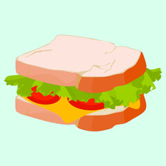 appetizing sandwich with cheese sausage and vegetables vector illustration isolated