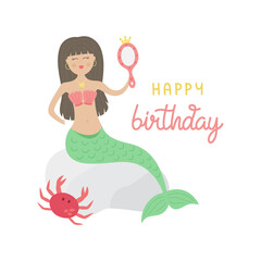 Cute mermaid vector illustration, birthday greeting card. Brown hair mermaid girl, princess with green tail and red shell bra sitting on rock with cute crab. Isolated.