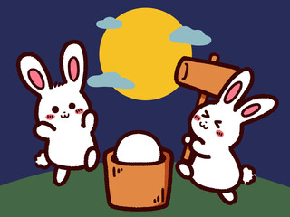 お月見と餅つきをするウサギ