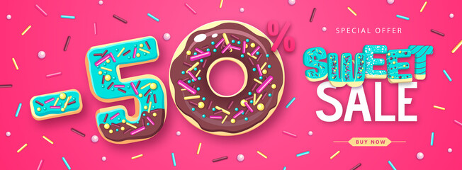 Colorful summer big sale poster with sweet donuts. Summertime background. Junk food background. Typography design
