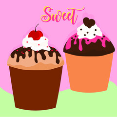 illustration of cupcakes decorated with cherry and chocolate. It can be used like stickers or commercial