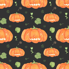 Watercolor Halloween pumpkin seamless pattern on a black background. Orange hand-drawn pumpkin, flowers and foliage endless print for your design. Cute autumn and Halloween symbol repeat wallpaper.
