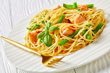 Gourmet salmon pasta with garlic butter sauce