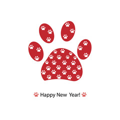 Naklejka premium Red paw print with white paw prints with Happy New year text. Merry Christmas greeting card vector