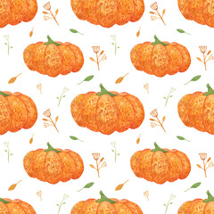 Watercolor pumpkin seamless pattern on a white background. Orange hand-drawn pumpkin, flowers, and foliage endless print for your design. Cute autumn and Halloween symbol repeat wallpaper.