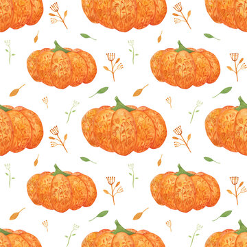 Watercolor pumpkin seamless pattern on a white background. Orange hand-drawn pumpkin, flowers, and foliage endless print for your design. Cute autumn and Halloween symbol repeat wallpaper.