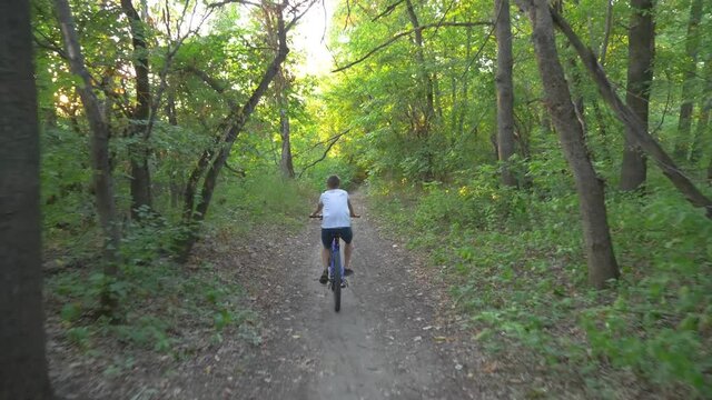 A happy child rides a bicycle in a park in the open air. Cycling on a path in the woods. Active rest of the child. Healthy lifestyle, children's sports.